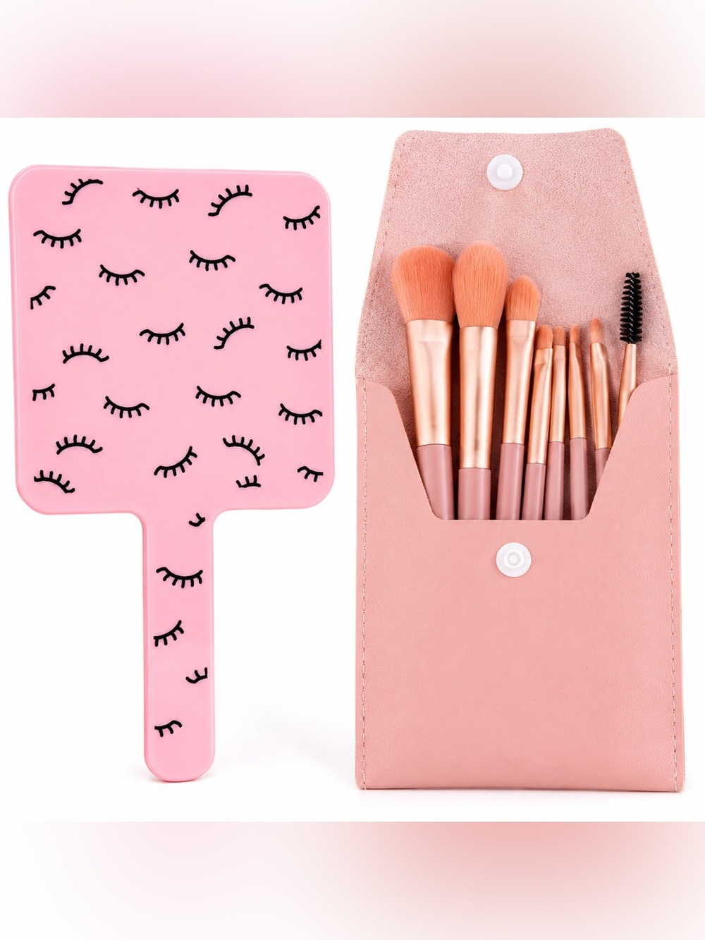 Pink Handheld Makeup Mirror & 8pc Travel Brush Set Case Cute Beauty Gift Bundle